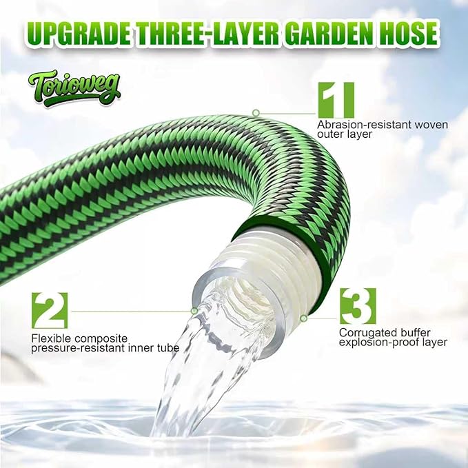 Garden Hose 50 FT-Triple-layer pipe, Heavy Duty Water Hose with solid Aluminum Fittings, Ultra-Lightweight and Flexible, Abrasion-Resistant, Rust-Resistant,Watering and Cleaning for Outdoor