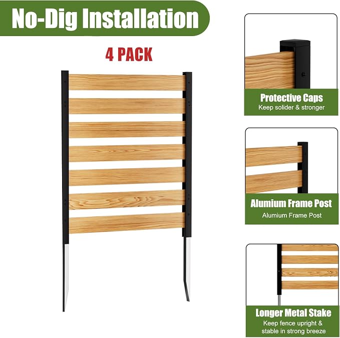 Outdoor Privacy Fence 4P-38''W x 42''H Wood Fence Privacy Screen No Dig Fence Panels, Fencing for Garden Patio Pool Equipment Enclosure Trash Bin Air Conditioner, Privacy Fence Panels Louvered,Black