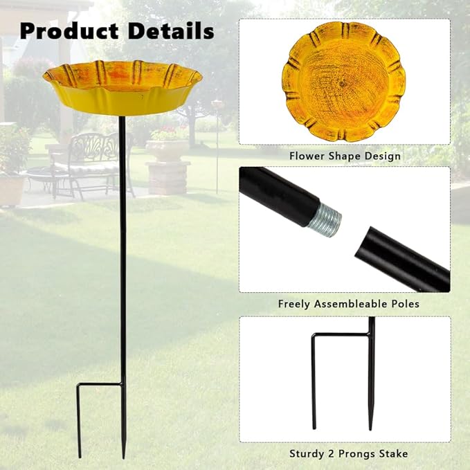 DREAMSOUL 2 PCS Bird Bath with Stake, Metal Bird Baths for Outdoors Garden Birdbath for Yard Garden Lawn Decor (Red & Yellow)