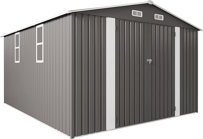 YOPTO 10x12 FT Outdoor Storage Shed,Large Metal Garden Shed with Double Door and Two Windows Waterproof Tool Shed for Backyard Patio Lawn Poolside,Grey