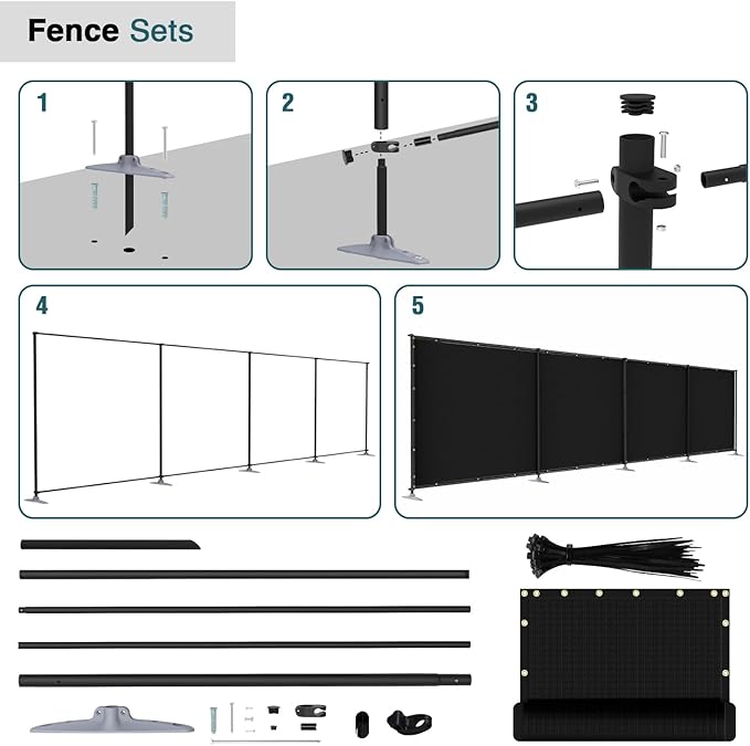 ECOOPTS 6'Hx2'L Privacy Fence Set with Poles and Rails Ground Spikes Fence Kit for Patio Garden Pool Yard (Black)