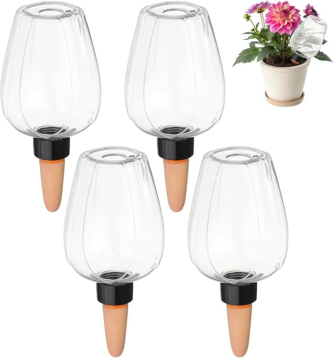 M METERXITY 4-Pack Plant Self Watering Globes, 6.8 oz Plastic Rose Water Bulbs Top Fill for Indoor/Outdoor Plants, Self Watering Spikes Slow Release Terracotta [White]
