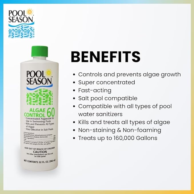 Polyquat 60 Algaecide for Swimming Pool 32 oz, High Concentrate Algaecide 60 for Inground Pool and Above Ground, Professional Grade Polyquat 60 Treatment for Clear Water Care