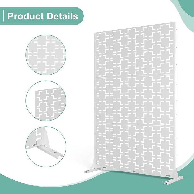 Metal Privacy Screen for Outdoor & Indoor Use, Free Standing Privacy Screen for Patio Garden Pool, 72" H x 47" W Decoative Privacy Panels, Weather Resistant, Easy Assembly (White Square)