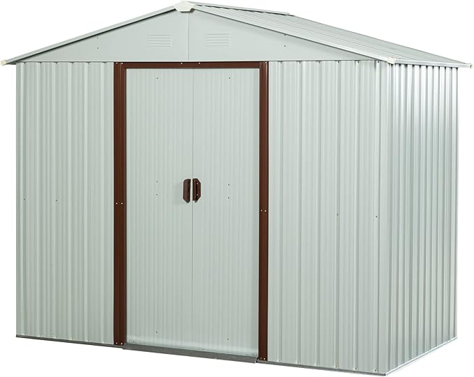 6FT x 5FT Outdoor Storage Shed, Heavy Duty Galvanized Steel Garden Shed with Sliding Lockable Doors, Punched Vents & Foundation Kit, Weather Resistant Metal Tool Shed for Backyard, White