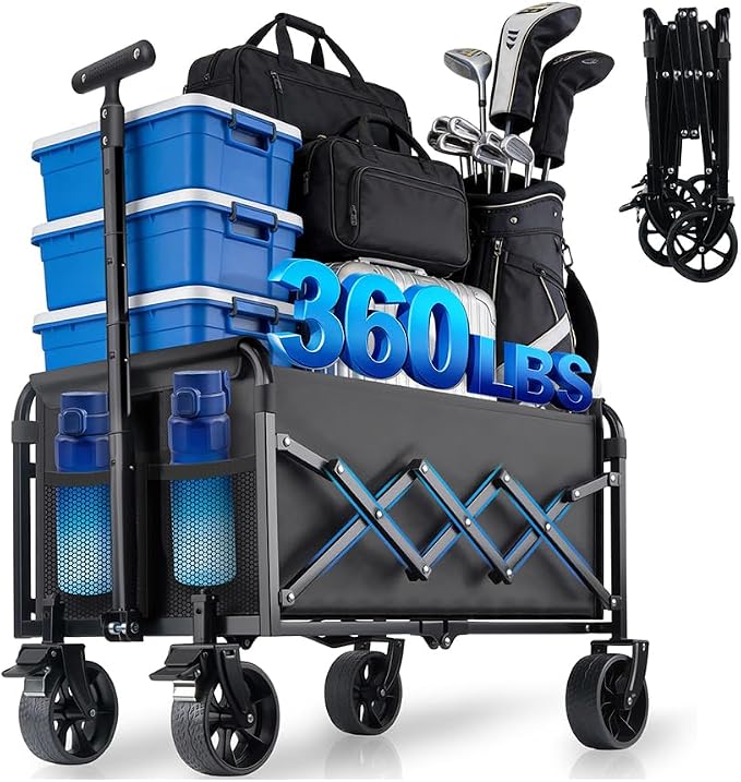Collapsible Wagon Cart Foldable with Wheels - Heavy Duty 360LBS Portable Folding Utility Shopping Cart with 360° Swivel Brakes Wheels & Cup Holders for Outdoor Camping Beach Grocery Garden