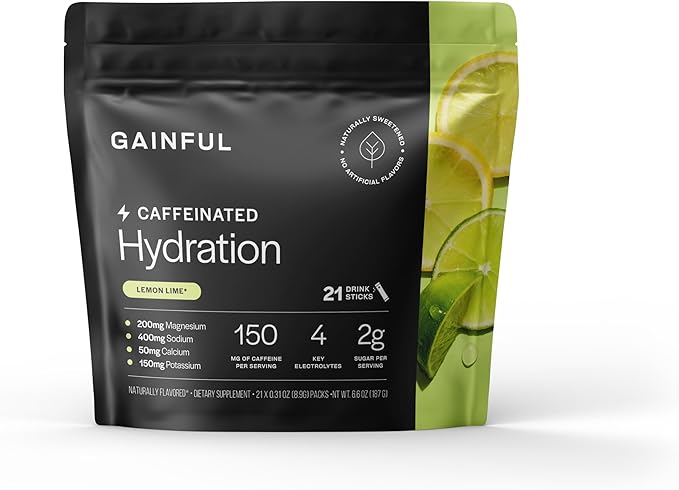 Gainful Hydration + Caffeine Packets with Key Electrolytes Magnesium & Sodium + L Theanine, Low Sugar Drink Mix, Lemon Lime, 21 Sticks