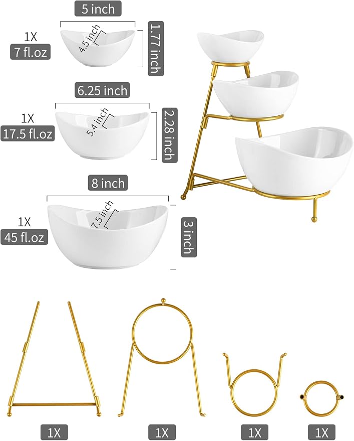 LAUCHUH 3 Tier Serving Stand with Porcelain Bowls, Oval Shape, Ideal for Food Presentation, Dishwasher Safe