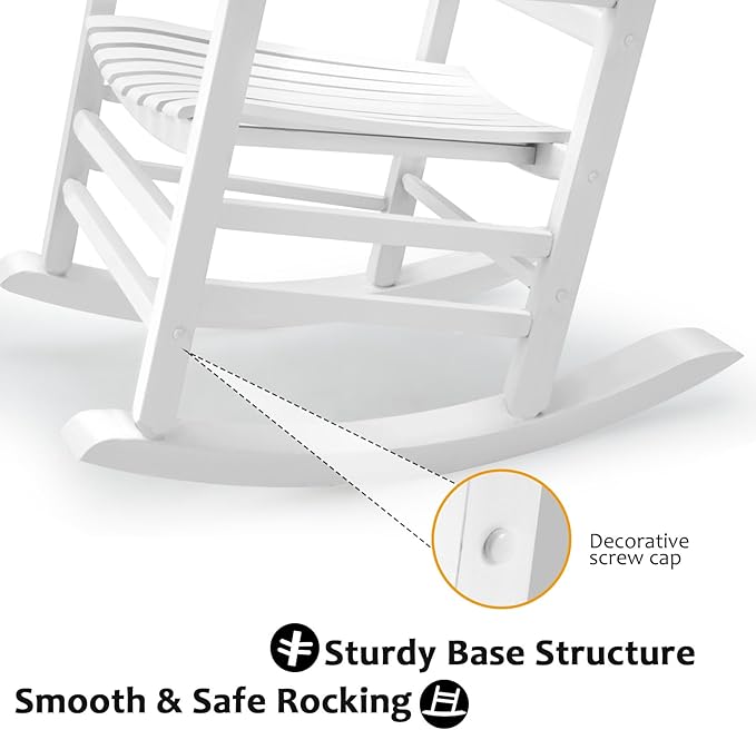 Hupmad Wooden Rocking Chair Outdoor Oversized Porch Rocker Chair,Patio Wooden Rocker with High Back and Armrest,All Weather Rocker Slatted for Backyard,Garden,400 lbs Support,White