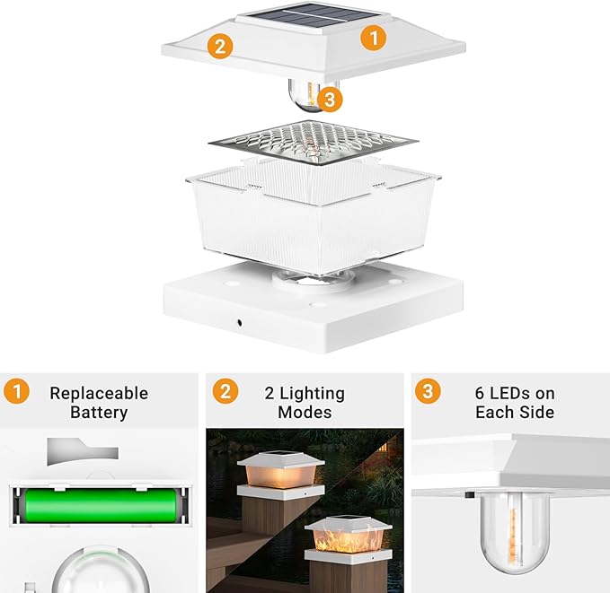 btfarm 4x4 Solar Flame Post Cap Lights Outdoor, 4 Pack Flickering Flame Deck Fence Post Lights, Waterproof Solar Powered Lighting Outside Fit 4x4 3.5x3.5 Wooden/Vinyl for Porch Patio Garden