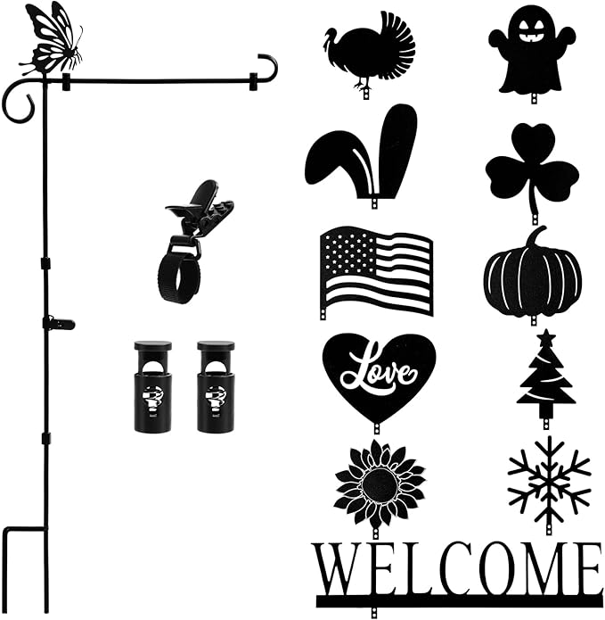 Garden Flag Stand Holder with 12 Interchangeable Seasonal Iron Decorations Yard Flag Holder Weather Proof Metal Powder Coated Flagpole with Clip Spring Stopper for Outdoor Garden Decor