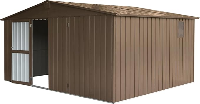 Christopher Knight Home Avonn Backyard Storage Shed 11' x 12.5' with Galvanized Steel Frame & Windows, Outdoor Garden Shed Metal Utility Tool Storage Room with Lockable Door for Patio, Brown