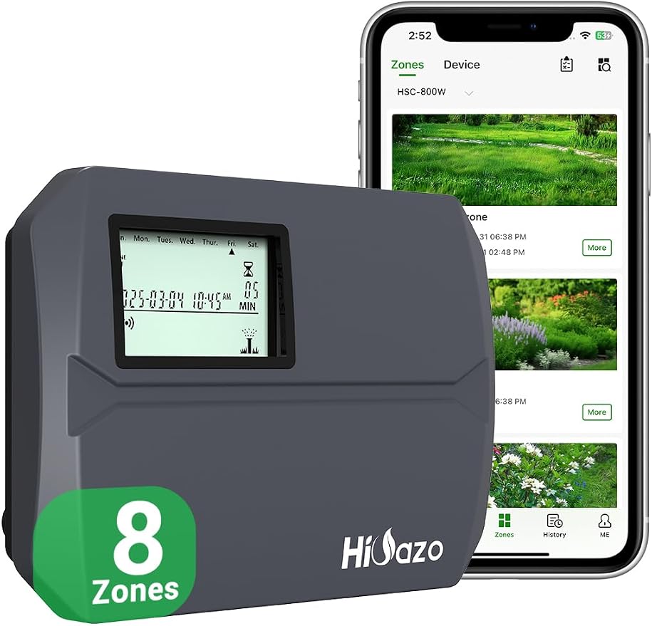 Indoor Smart Sprinklers Controller WiFi, Irrigation Controller Easy Use App Enabled, 8 Zone + 16 Plans, Save Water Auto Skip Rain, Freeze & Wind, 10 Minutes Install