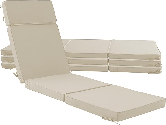 80 x 26 Inch Outdoor Chaise Lounge Cushions Set of 4 - Removable Cover, 4-Section Design, Water-Repellent & Fade-Resistant, 6 Tie Straps, Replacement for Patio & Pool Chairs - Cream