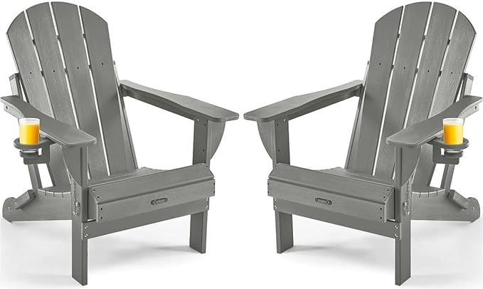 Ciokea Folding Adirondack Chair 2 Pack, Patio Adirondack Chair Weather Resistant, Plastic Fire Pit Chair with Cup Holder, Lawn Chair for Outdoor Porch Garden Backyard Deck (Grey)