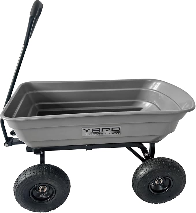 Yard Commander - 4 Cu.Ft. 600LB Poly Garden Cart Dump Wagon, Heavy Duty 4 Wheel Wheelbarrow, Quick Release 45 Degree Dumping, Yard Cart Dump Wagon with 10in All Terrain Wheels, Steel Frame