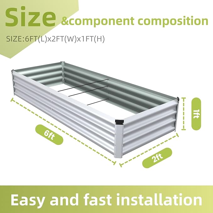 6x2x1 Ft 2Packs Metal Raised Garden Bed, Rectangular Outdoor, Garden Bed Planter Box for Vegetables, Flowers and Herbs, Color Coated Steel Raised Planter Bed Kit (Silver)