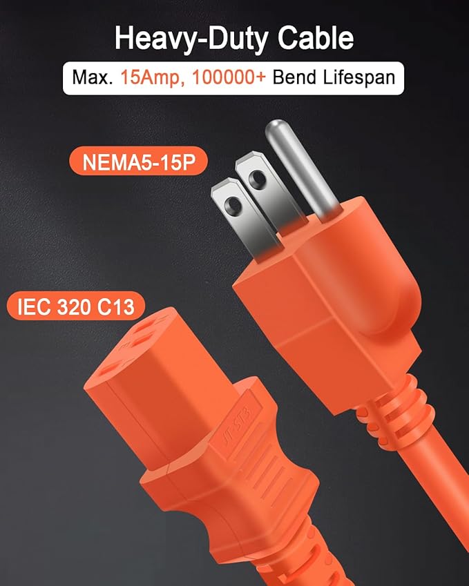YEZriler 5M/16.4FT Heavy-Duty Charging Cable for Jackery Power Station Explorer 3000/2000/1500/1000, Ecoflow Delta/River/Series, Bluetti EB3A, Anker 757/767, 125Volt 15Amps AC Power Cord - Orange