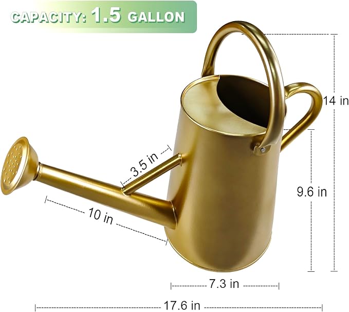 Watering Can for Outdoor&Indoor Plants，1.5 Gallon（5.7L） Metal Watering Can with with Removable Spout，Large Galvanized Steel Garden Flower Water Can Watering Pot with 2 Handles，Gold