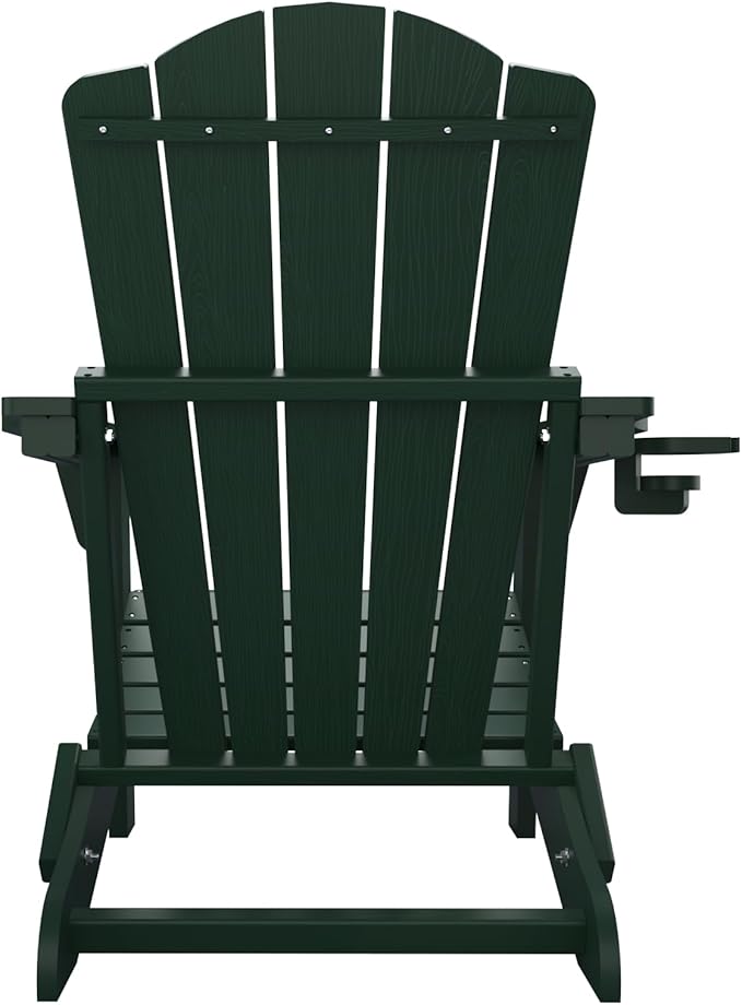 THOEOE Folding Adirondack Chair Set of 4, HDPE All-Weather Outdoor Chair with Cup Holder, Wooden Textured, Fire Pit Chair, Plastic Patio Chair for Deck, Backyard, Garden, Lawn, Green