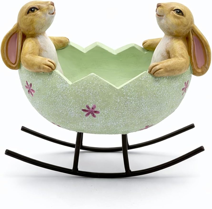 GoGnome Easter Bunny Bowl Figurine with Rocking Stand – 5.7‘’ Hand-Painted Resin Rabbit Egg Holder Spring Table Centerpiece Farmhouse Home Décor (Mint Green)