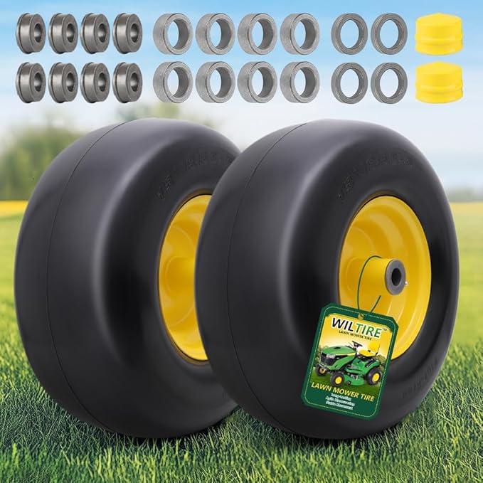 13x6.50-6 Flat Free Tire and Wheel with Rim,Universal 13x6.5-6 Solid Smooth Rubber Zero-Turn Lawn mowers Tire,5.5"-7.72”Centered Hub and 3/4" extra 5/8" 1/2” Bushings(Yellow)