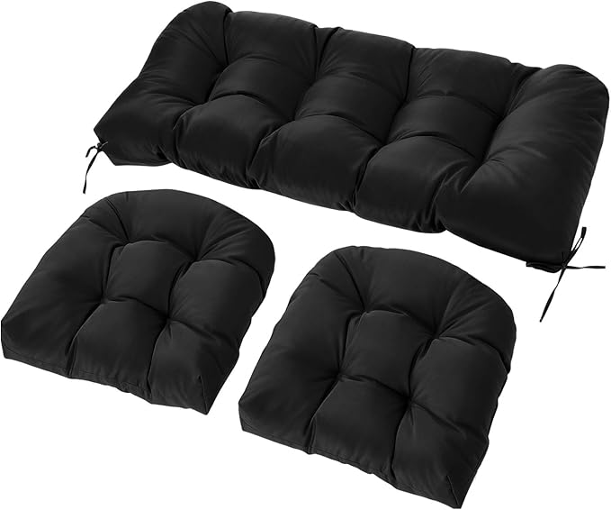 Wicker Chair Cushions Set, 2 U-Shaped Cushions & 1 Loveseat, Waterproof Outdoor Loveseat Cushion for Patio Furniture, Settee Bench Pad All Weather,Black