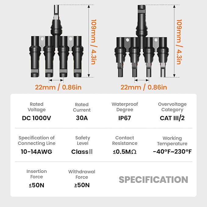 Solar Panel Connector Solar Y Branch 4 to 1 Solar Panel Splitter 4 Way 1000V Y Branch Solar Panel Parallel Connectors for Parallel Connection Solar Panels (1 Pair 4 to 1)