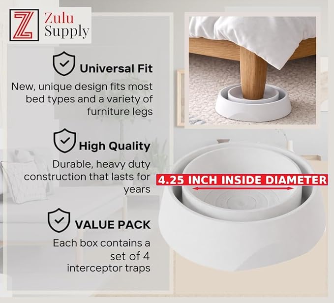 Bed Bug Interceptor Traps – White 4-Pack Passive Monitor & Detection Trap – Universal Fit for Bed & Furniture Legs – Reusable Non-Climbable Wall Pest Control Protection (White 4-Pack)