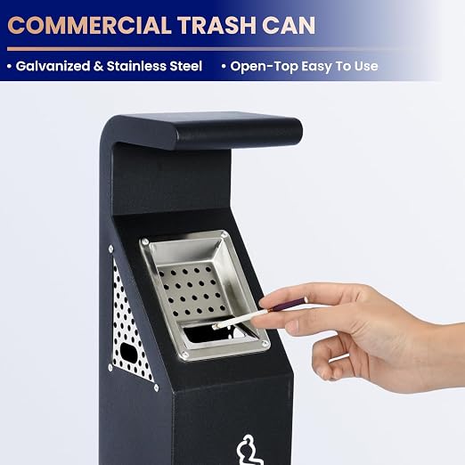 Commercial Standing Trash Can Outdoor Trash Bin Outside Receptacle | Stainless Steel Garbage Can Container with Lock & Removable Inner Bucket for Hotels Restaurants Bars Office Park Street