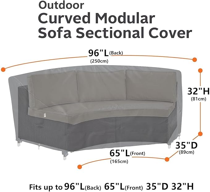 Upgraded Curved Patio Furniture Covers, Waterproof Outdoor Sectional Cover, 600D PU Outdoor Furniture Sofa Covers 96"(65") Half Moon Oudoor Couch Cover, Lawn Outside Protector - Midnight Black
