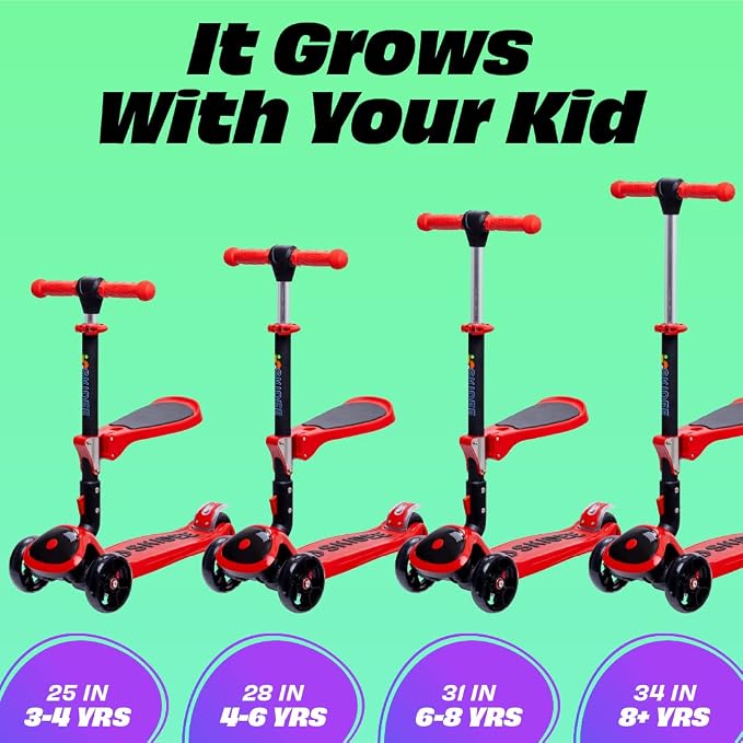 SKIDEE Kick Scooter for Kids Ages 3-5 | Foldable 3 Wheel Scooter with Lean-to-Steer, Adjustable Height, Removable Seat & LED Light Wheels | Toddler Scooter Up to 12 Year Old Boys/Girls