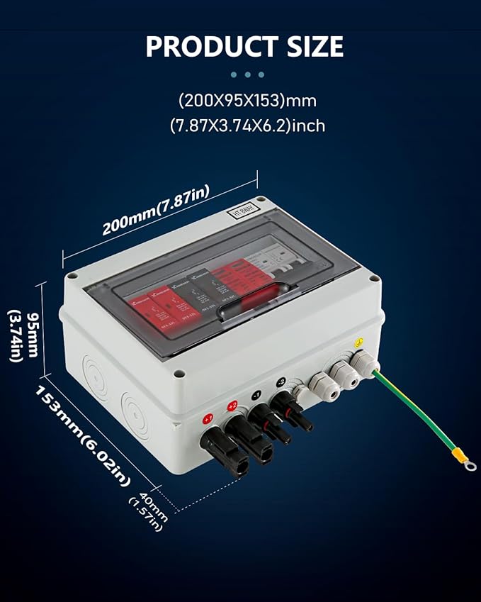 VOU 600V Solar DC PV Combiner Box,2 String with Lightning Arrester Connector for On/Off Grid Solar Panel System,2 Input 1 Out 15A Rated Current Fuse,63A Circuit Breaker,IP65 Waterproof,MCB,SPD