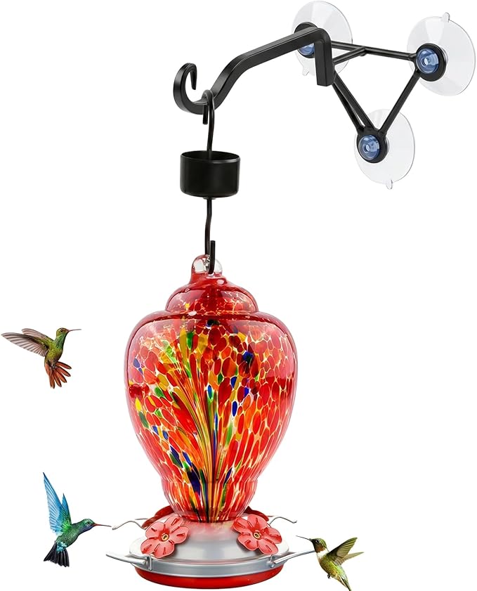 Hand Blown Glass Hummingbird Feeder with Heavy-Duty Metal Window Suction Cup Hangers Colorful Glass Bird Feeder and Window Hook with Accessories (Red)