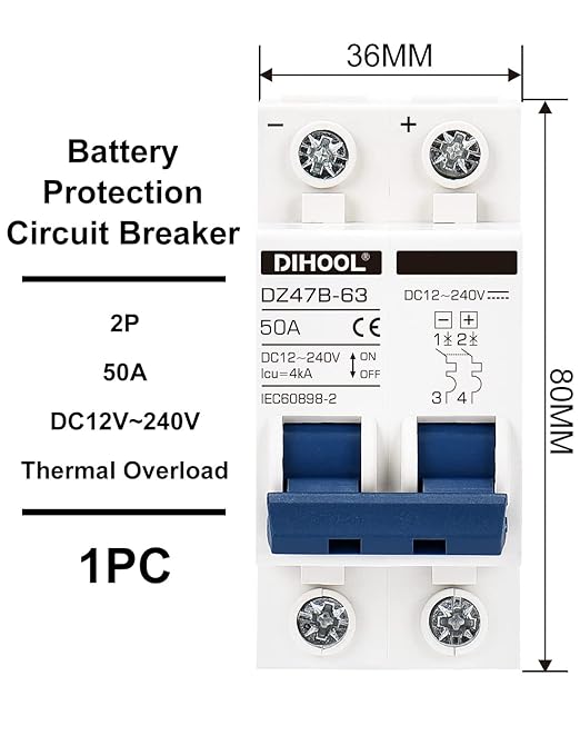 DIHOOL DC Circuit Breaker,50A 2 Pole,12V to 240 Volt Solar Disconnect Switch,DIN Rail Mount