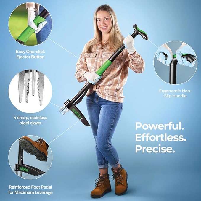 Weed Puller Tool with Long Adjustable Handle (37", 39", & 44"), Quick-Release Weed Ejector Mechanism, Lightweight Aluminum Stand-Up Heavy Duty Weed Remover, 4-Claw Head & Foot Pedal for Easy Weeding