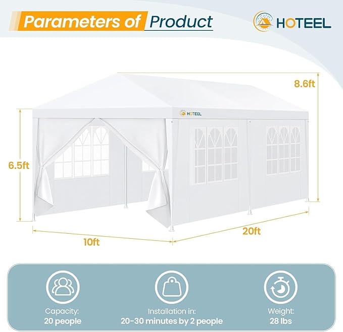 HOTEEL 10x20FT Party Tent Outdoor Canopy for 20-30 People with 6 Removable Sidewalls, 2 Zipper Doors, 12 Ropes and 24 Stakes, Carpas para Fiestas for Wedding Patio Backyard, White