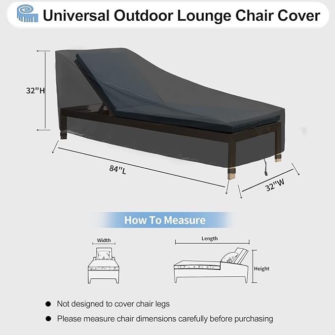 OutdoorLines Outdoor Waterproof Patio Chaise Lounge Chair Cover - UV Resistant Lounger Covers Heavy Duty Weatherproof Patio Sofa Furniture Covers, 1 Pack, 84Wx32Dx32H Inches, Black