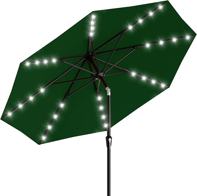 AreShark 9FT Patio Umbrella with Solar Lights, 32 Lighted Pool Umbrella w/Tilt and Crank, Outdoor Market Solar Umbrellas for Garden, Deck, Backyard, Pool and Beach, Dark Green