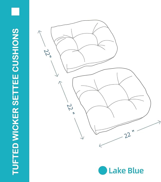 Outdoor Chair Cushions Set of 2, 22x22x4 Inch Seat Pads with Ties for Patio Wicker Chairs Garden Dining Chair, Indoor Outside Use, Fade-Resistant & Waterproof, Lake Blue