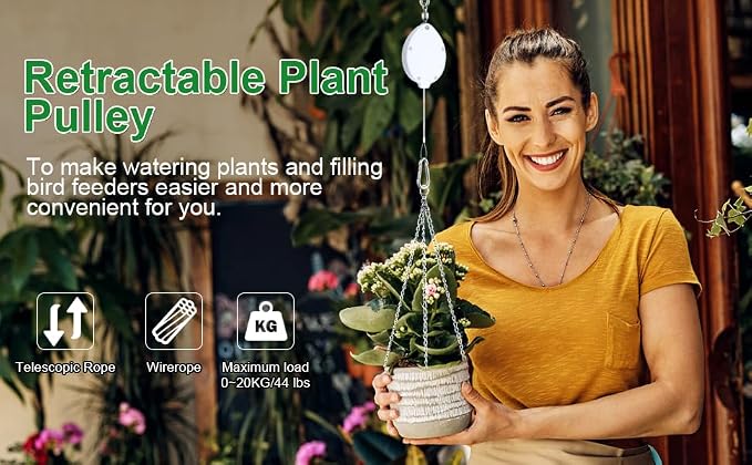 Heavy Duty Retractable Plant Hangers, Adjustable Pull-Down Pulleys with 63" Stainless Steel Rope, Double Hooks for Hanging Plants, Bird Feeders, Planters & Pots, Indoor & Outdoor Use (4Pcs- White)