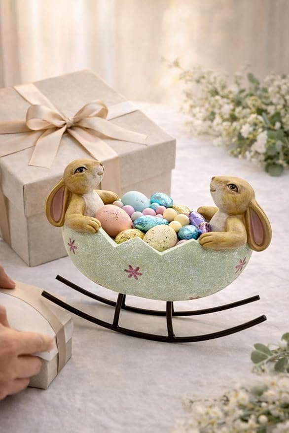 GoGnome Easter Bunny Bowl Figurine with Rocking Stand – 5.7‘’ Hand-Painted Resin Rabbit Egg Holder Spring Table Centerpiece Farmhouse Home Décor (Mint Green)
