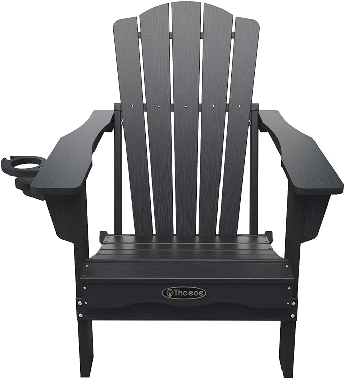 THOEOE Folding Adirondack Chair,HDPE All-Weather Outdoor Chair with Cup Holder,Wooden Textured,Fire Pit Chair,Plastic Patio Chair for Deck,Backyard,Garden,Lawn, Black