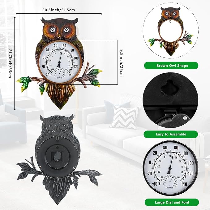 Copper Solar Rain Gauge Outdoor and 22" Metal Owl Outdoor Thermometer for Garden Patio Home Decor