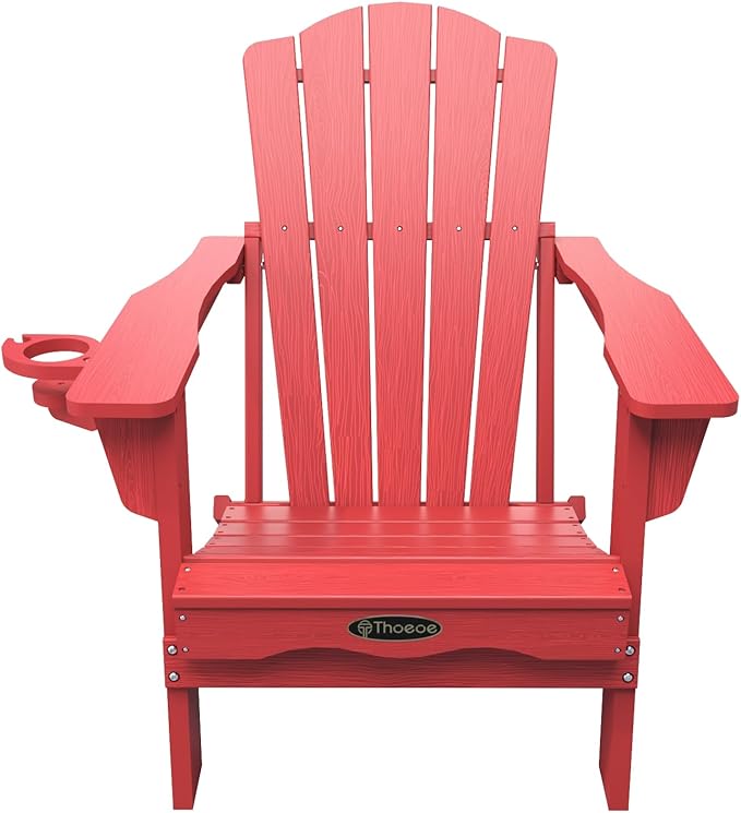 THOEOE Folding Adirondack Chair, HDPE All-Weather Outdoor Chair with Cup Holder, Wooden Textured, Fire Pit Chair, Plastic Patio Chair for Deck, Backyard, Garden, Lawn, Red