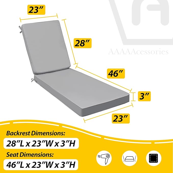AAAAAcessories Outdoor Chaise Lounge Cushions, Fade-Resistant, Waterproof Patio Furniture Replacement Cushions, 74" x 23" x 3", Set of 2, Gray
