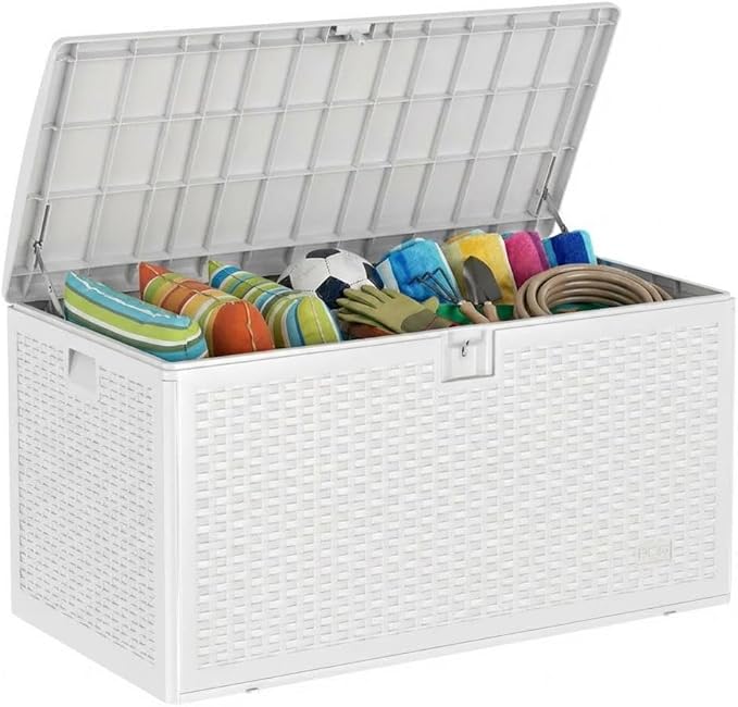 73 Gallon Waterproof Large Resin Deck Box Indoor Outdoor, Lockable Storage Container for Patio Furniture Cushions, Throw Pillows, Garden Tools, and Pool Floats, White 44.5"L * 21.1"W * 22"H