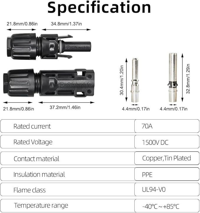 10AWG Solar Panel Connectors IP68 Waterproof 1500V 70A Solid Tinned Copper Terminal Black 5 Pairs for Solar PV Cable(6mm²)