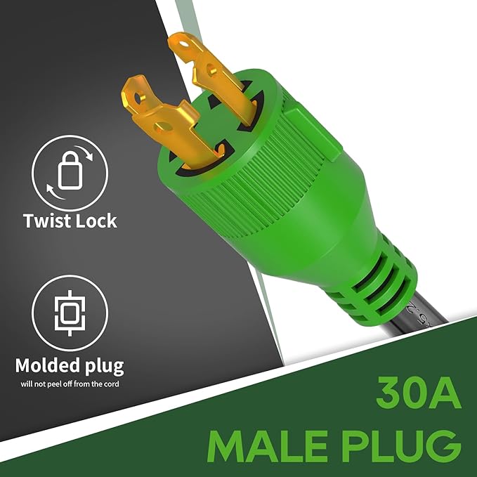 RVGUARD 4 Prong 30 Amp to 50 Amp RV Generator Adapter Cord 12 Inch STW, L14-30P Locking Male Plug to 14-50R Female with LED Power Indicator, Green