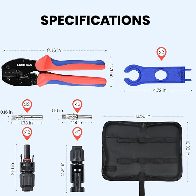 Solar Crimper Tool Kit with 12 PCS MC4 Connectors,2 Solar Connector Spanner Wrench for 14-10 AWG Solar Panel Cable Wire Crimping PV Assembly and Installation